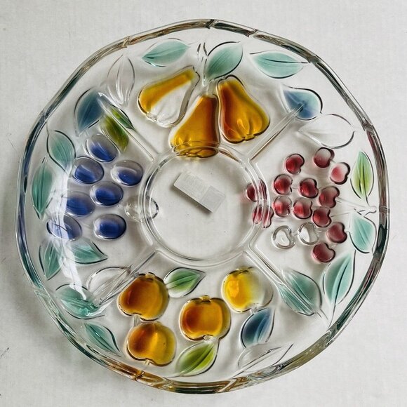 Mikasa Garden Harvest Crystal Relish Divided Tray Embossed Fruit Grapes Apple - Picture 1 of 9